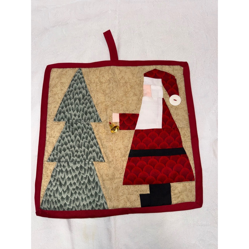 Handmade Quilted Christmas Pot Holder Santa Claus Tree Folk Art Holiday Decor
